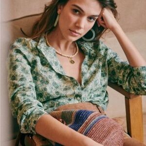 Sezane Pierro Green Floral Button Down Shirt